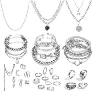 36 PC Silver Plated Jewelry Set With Necklaces Bracelets Ear Cuffs & Rings